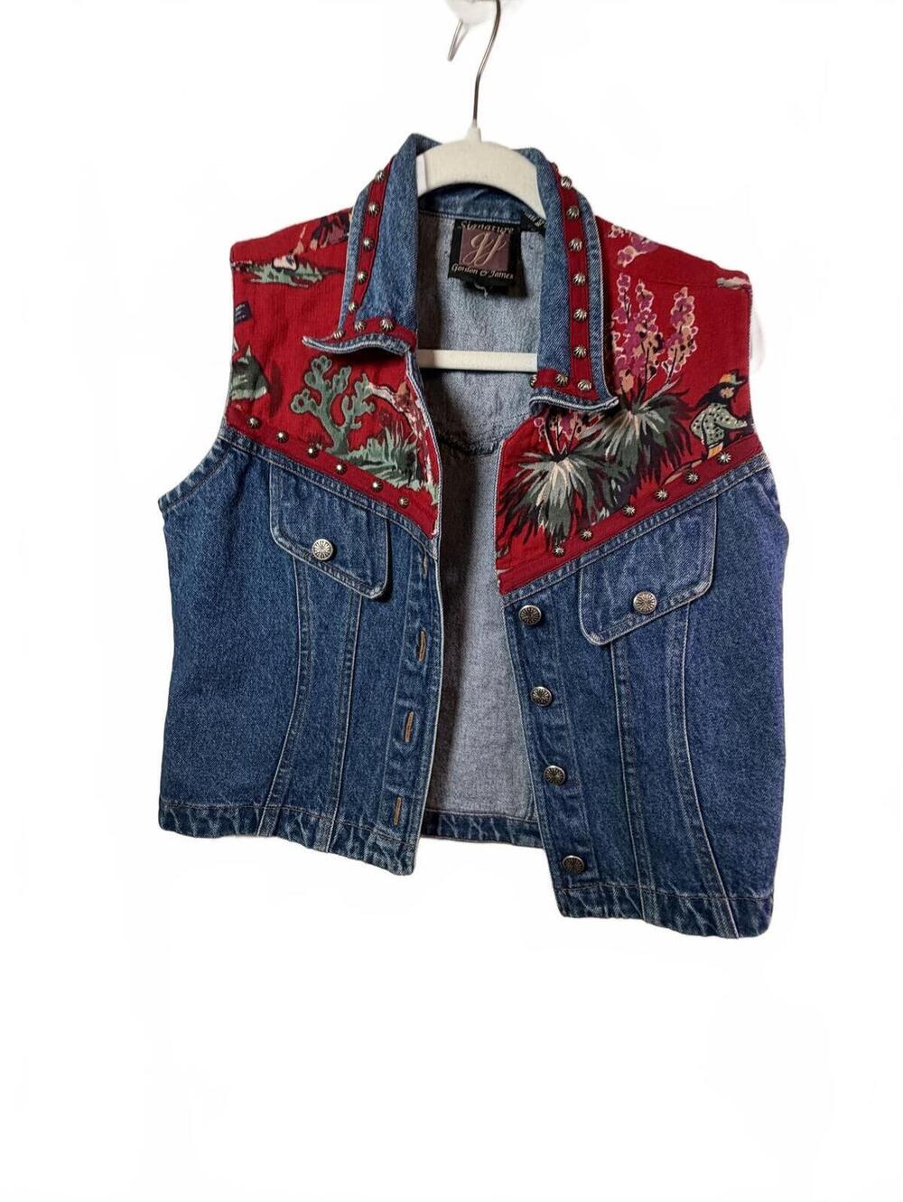 Vintage 90s Gordon & James Denim Western Vest Red Cowboy Print Size Small - Picture 5 of 7